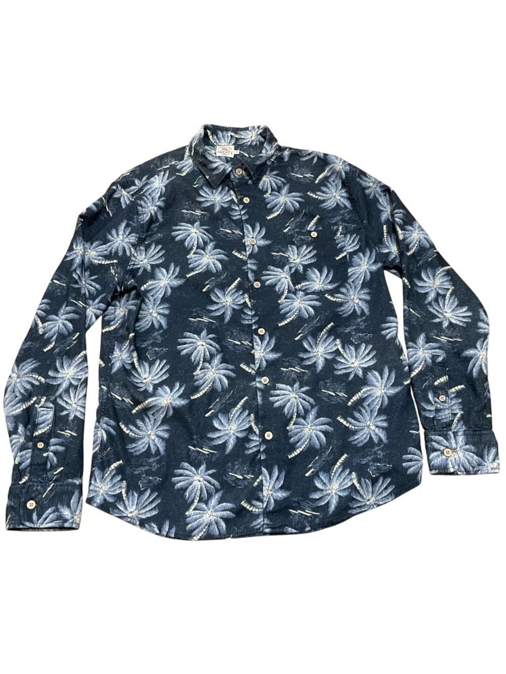 Faherty Mens Long Sleeve Palm Tree Print Button-Up Shirt Size L Navy 100% Cotton